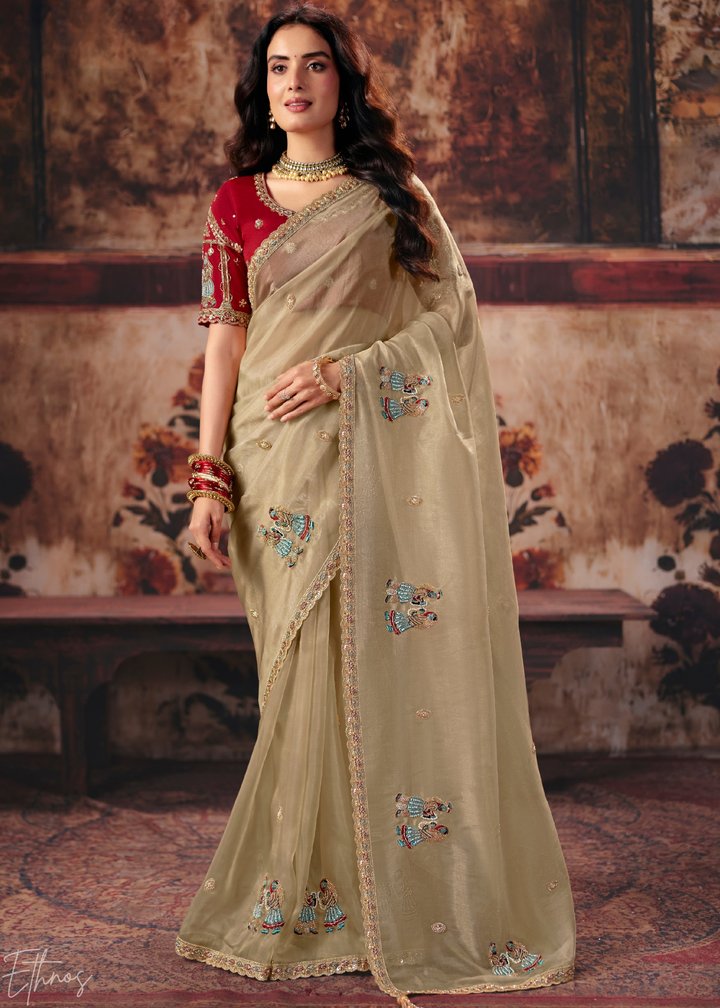 Beige Cream Floral Corner Organza Saree