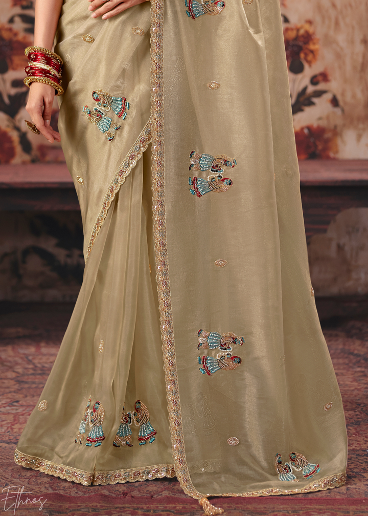 Beige Cream Floral Corner Organza Saree
