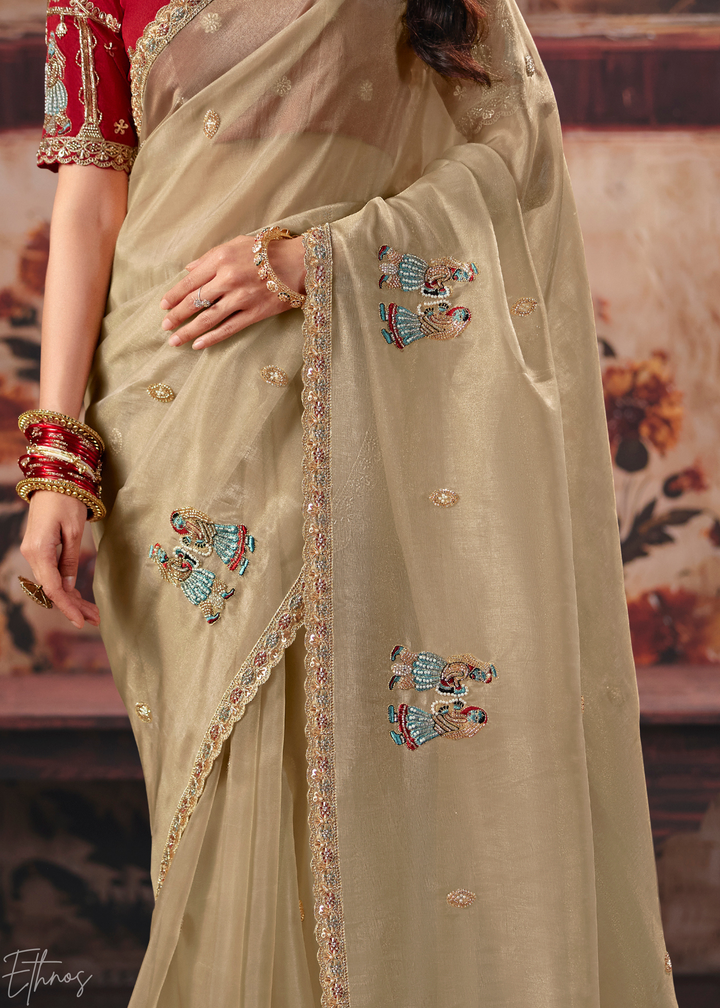Beige Cream Floral Corner Organza Saree