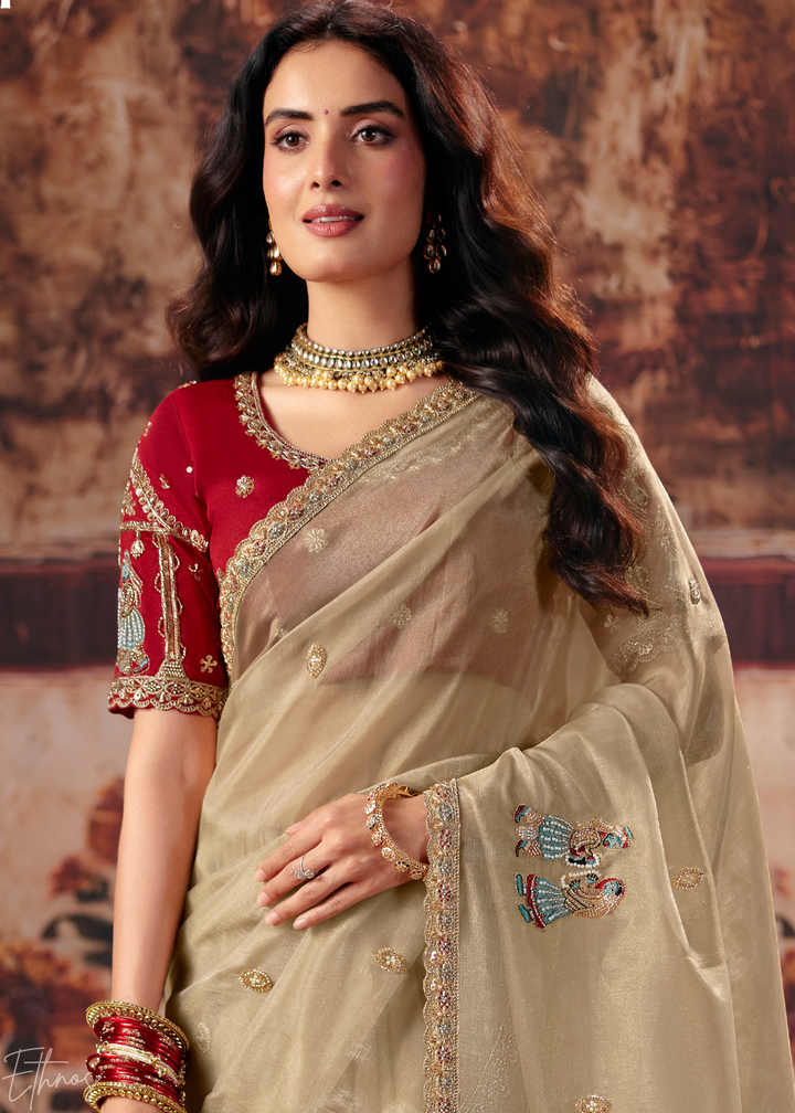 Beige Cream Floral Corner Organza Saree