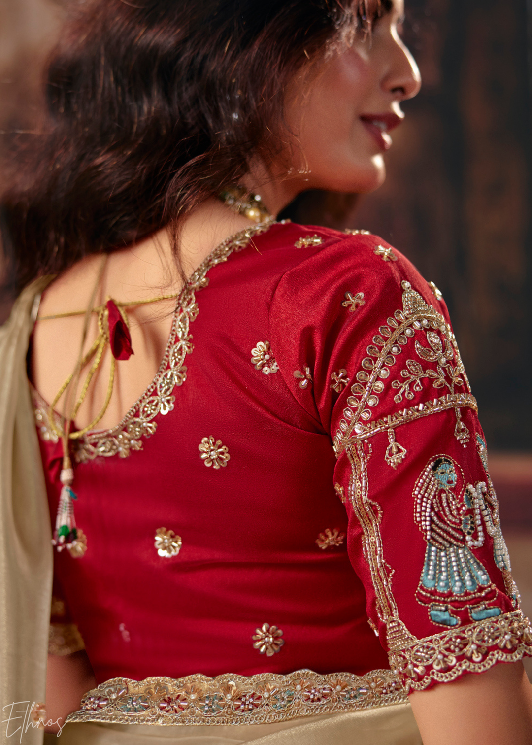 Beige Cream Floral Corner Organza Saree