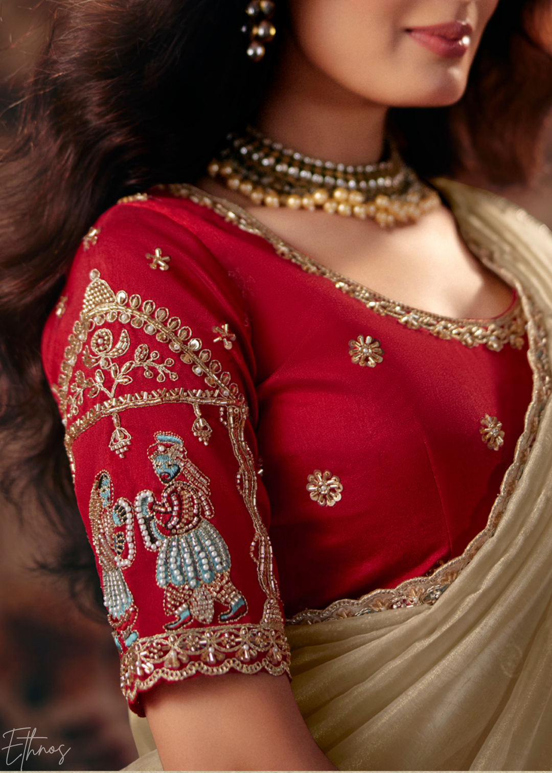 Beige Cream Floral Corner Organza Saree