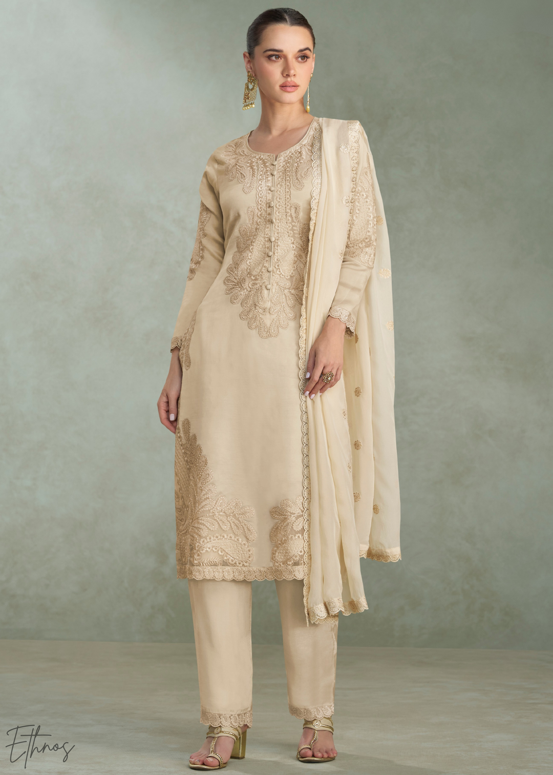 Beige Cream Floral Embroidered Chinon Silk Palazzo Suit Set