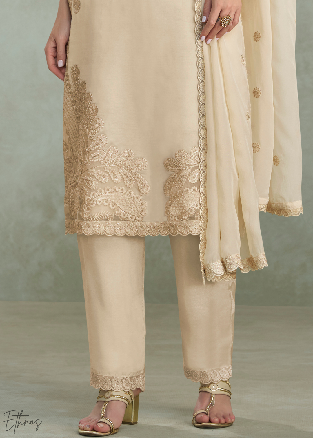 Beige Cream Floral Embroidered Chinon Silk Palazzo Suit Set