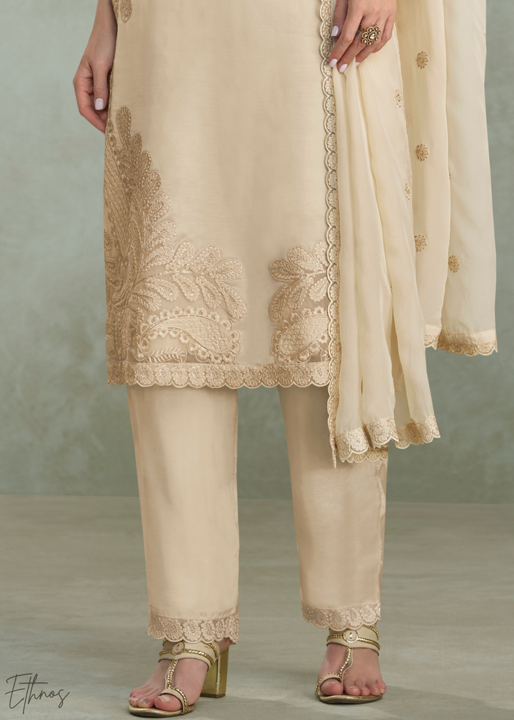 Beige Cream Floral Embroidered Chinon Silk Palazzo Suit Set