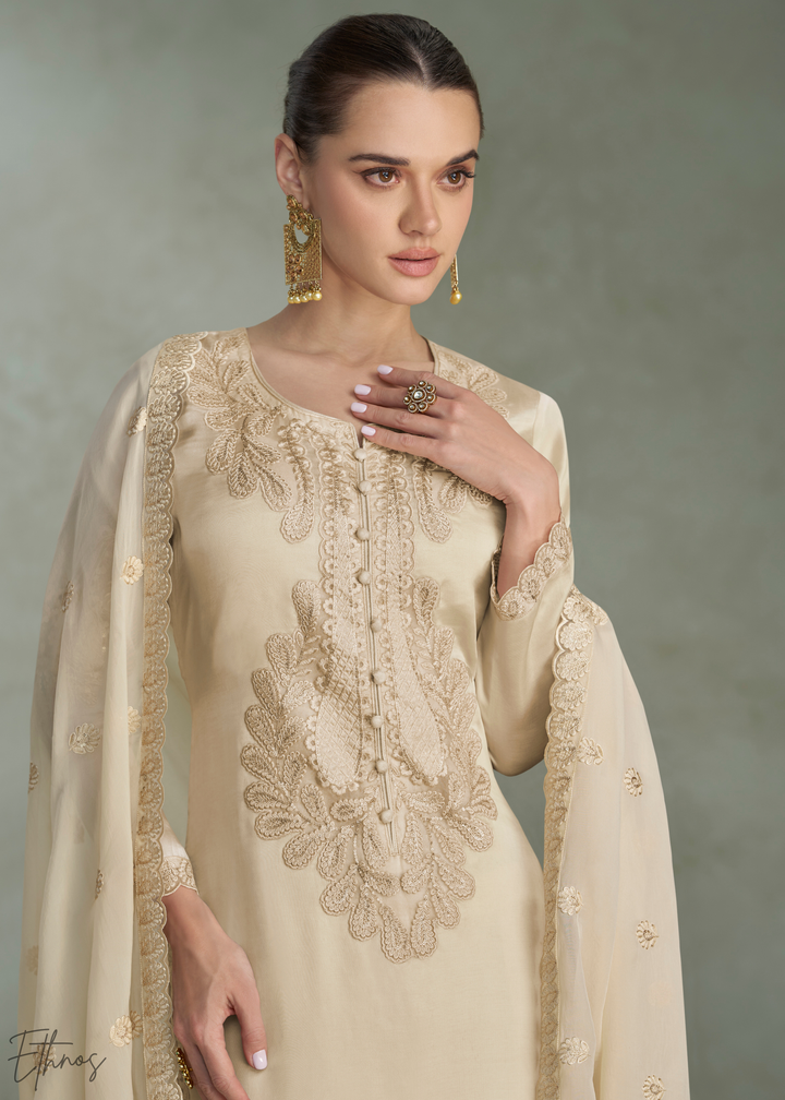 Beige Cream Floral Embroidered Chinon Silk Palazzo Suit Set