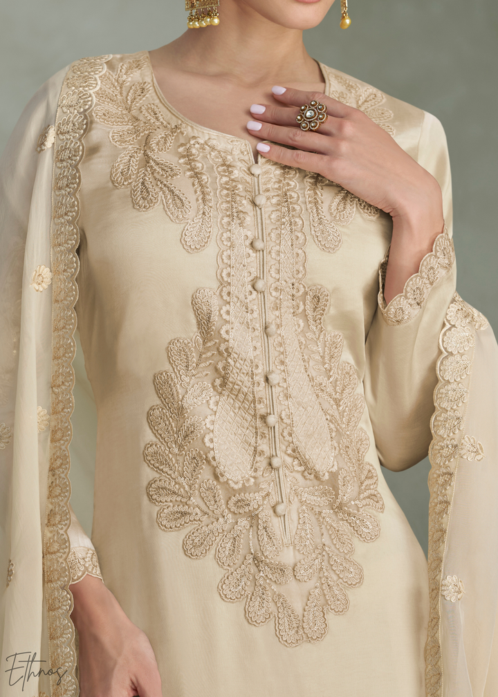Beige Cream Floral Embroidered Chinon Silk Palazzo Suit Set