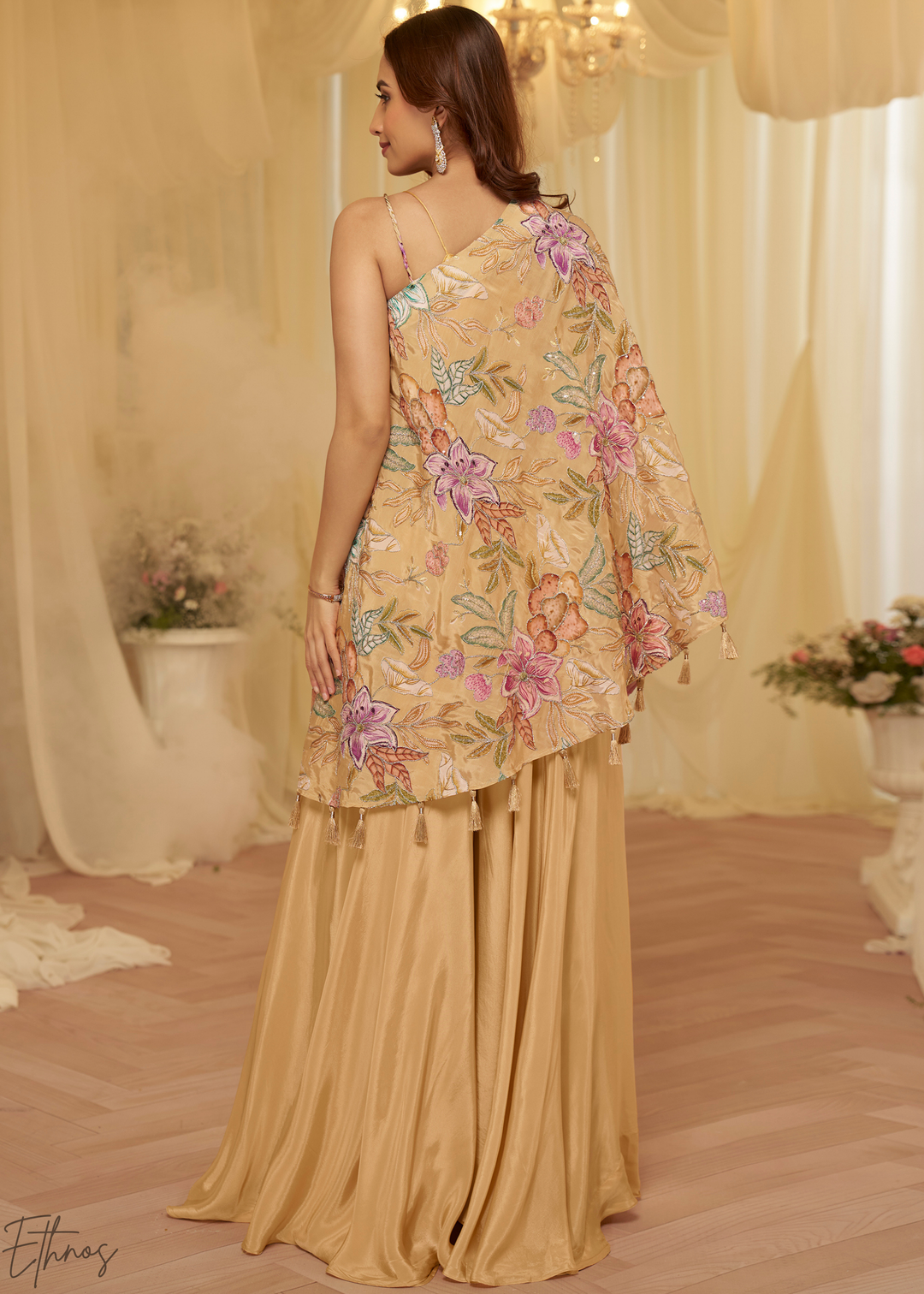 Beige Crepe Poncho Palazzo Suit