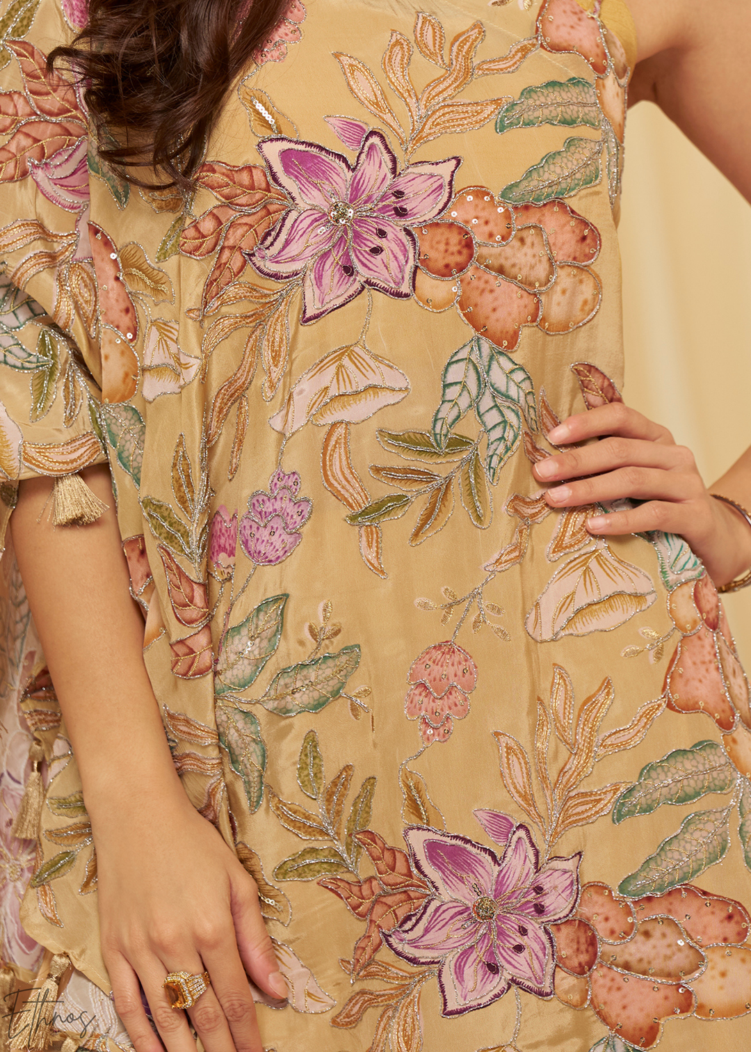 Beige Crepe Poncho Palazzo Suit