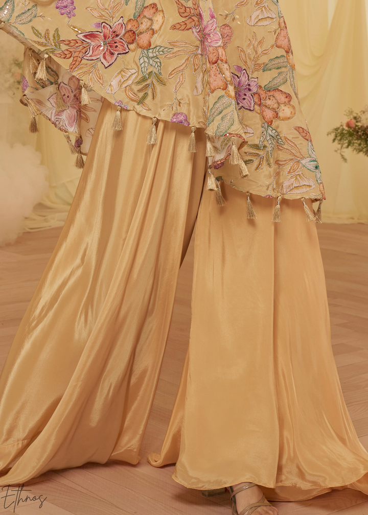 Beige Crepe Poncho Palazzo Suit