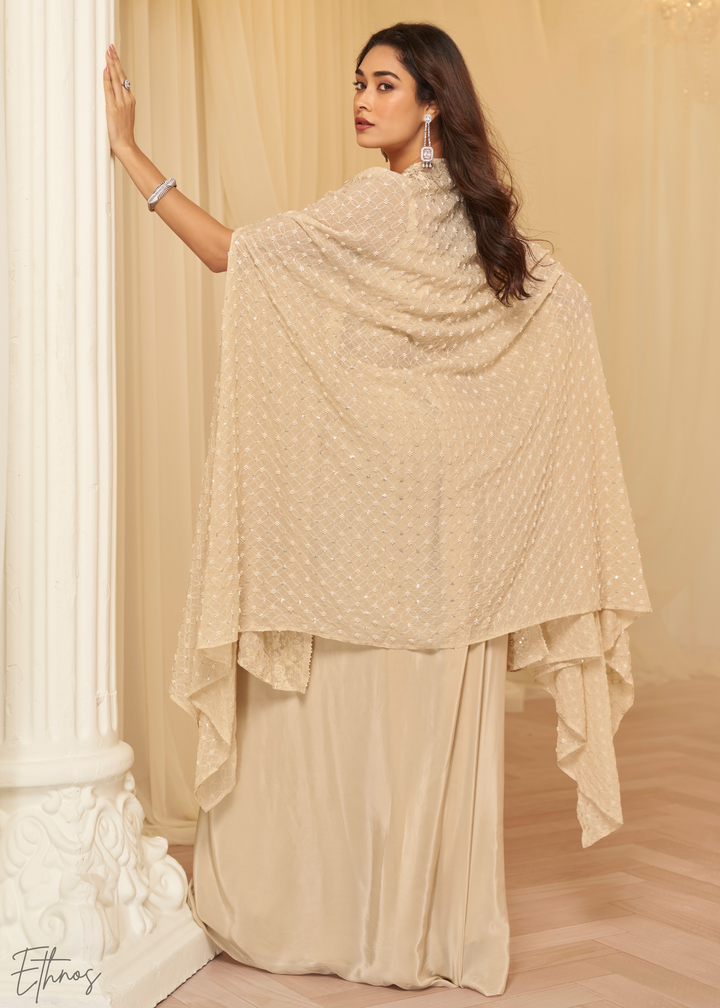 Beige Georgette Jacket Croptop Skirt Set