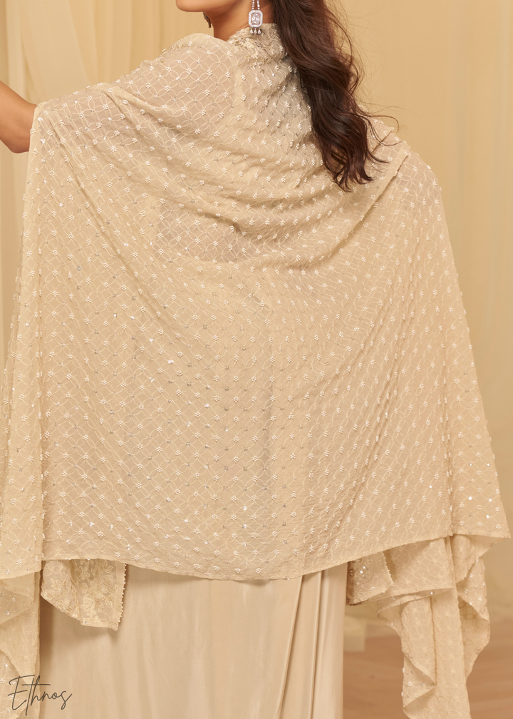 Beige Georgette Jacket Croptop Skirt Set
