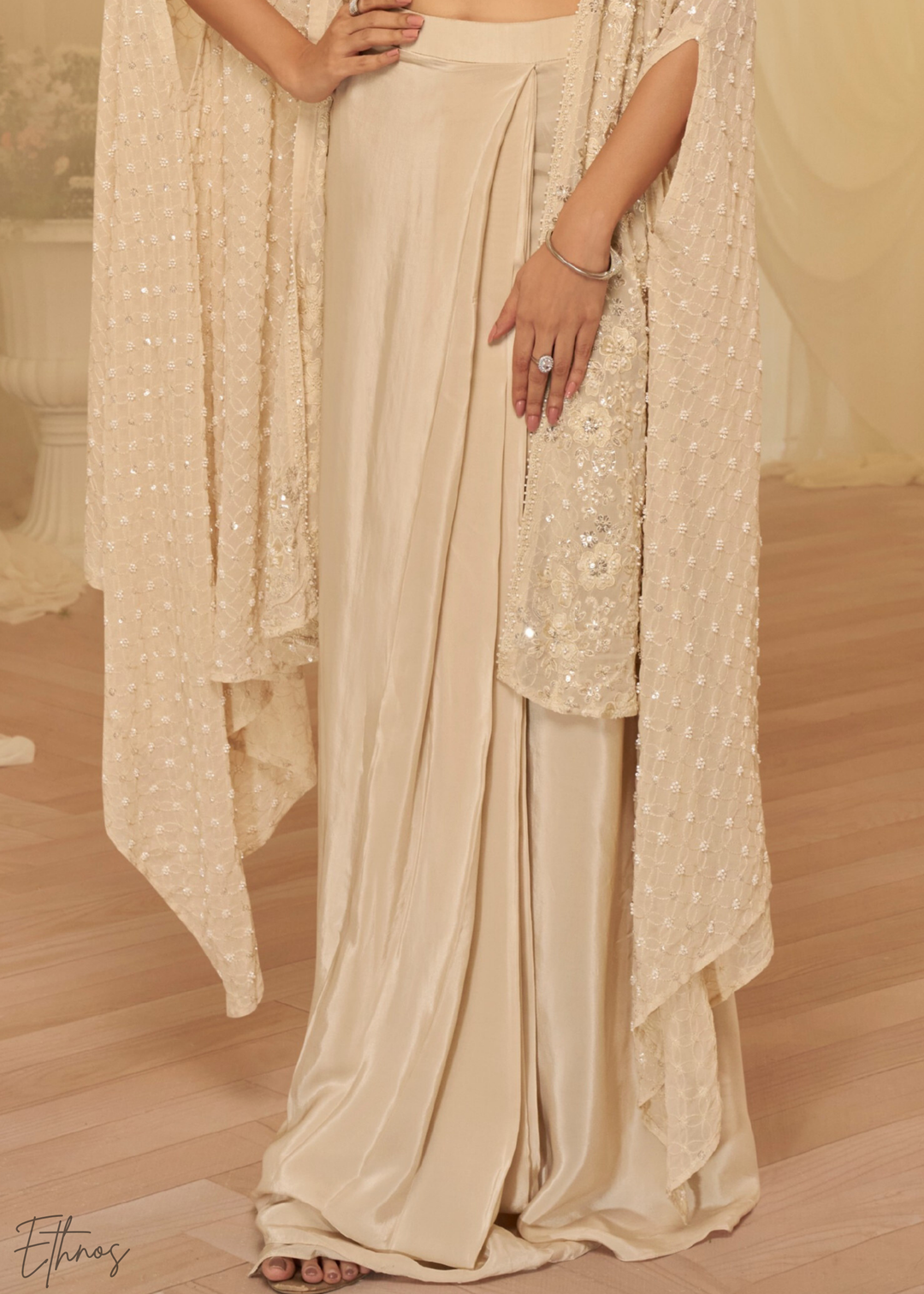 Beige Georgette Jacket Croptop Skirt Set