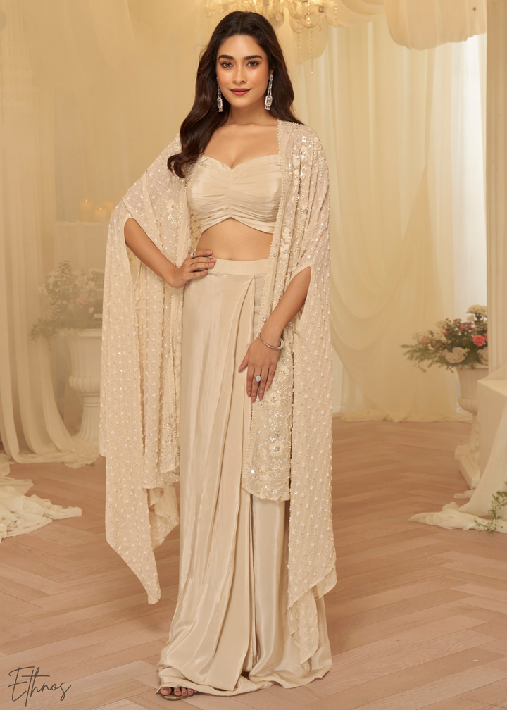 Beige Georgette Jacket Croptop Skirt Set