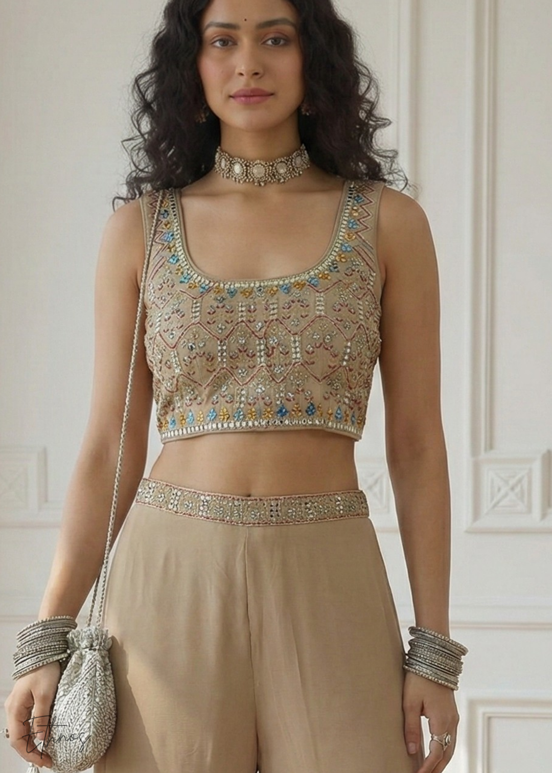 Beige Georgette Shrug Choli Sharara Suit