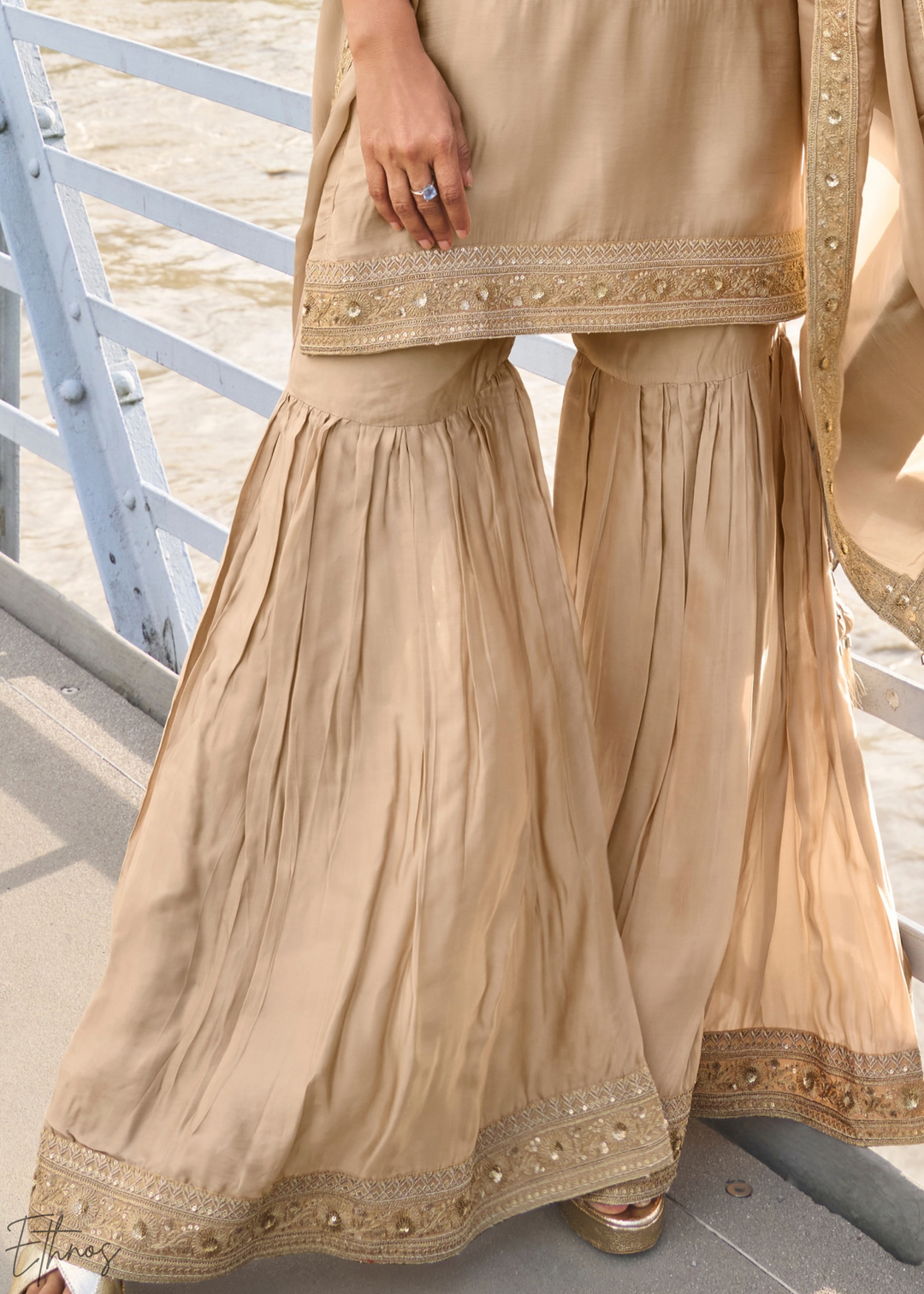 Beige Gilded Silk Sharara Suit