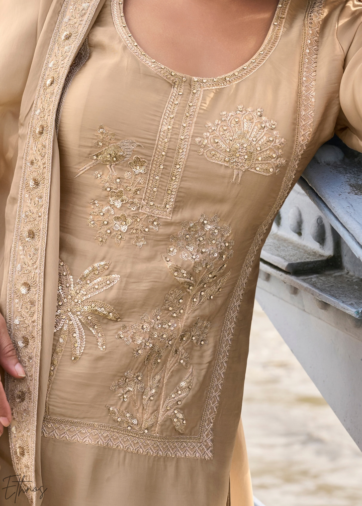 Beige Gilded Silk Sharara Suit