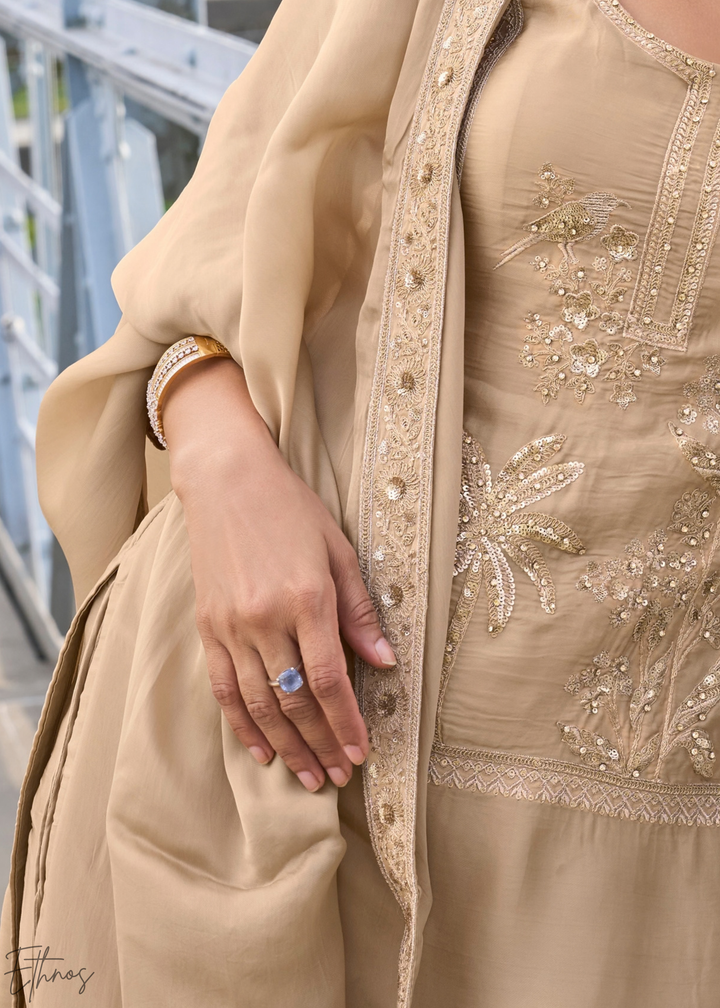 Beige Gilded Silk Sharara Suit