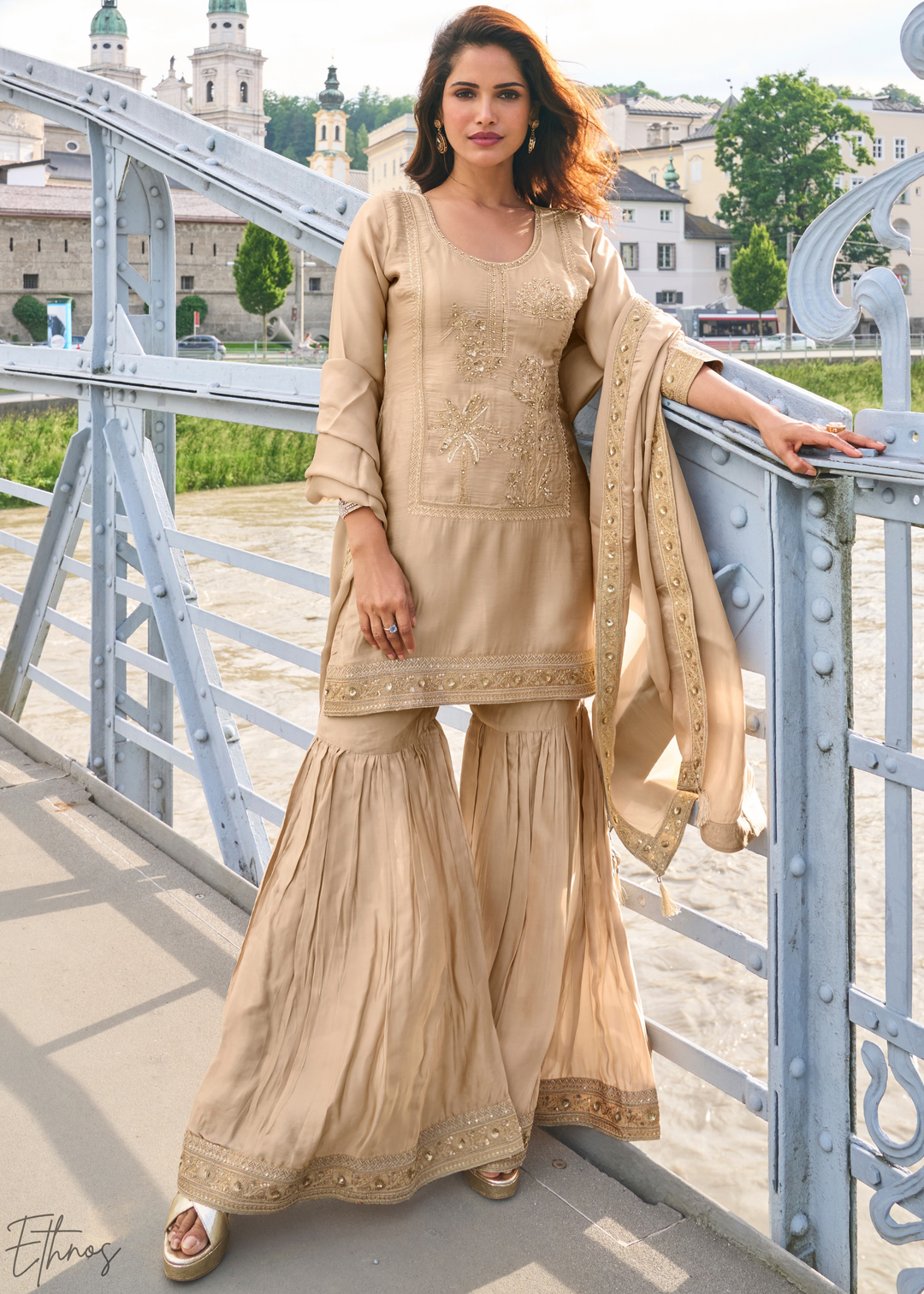 Beige Gilded Silk Sharara Suit