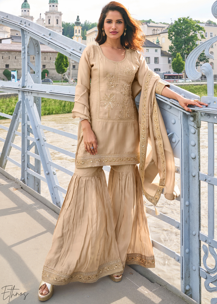 Beige Gilded Silk Sharara Suit