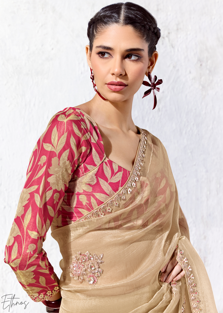 Beige Gold Delicate Thread Embroidered Organza Silk Saree