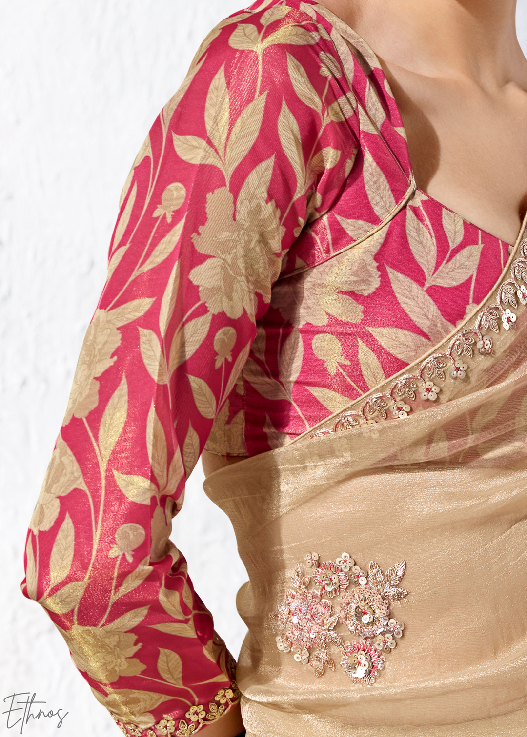 Beige Gold Delicate Thread Embroidered Organza Silk Saree