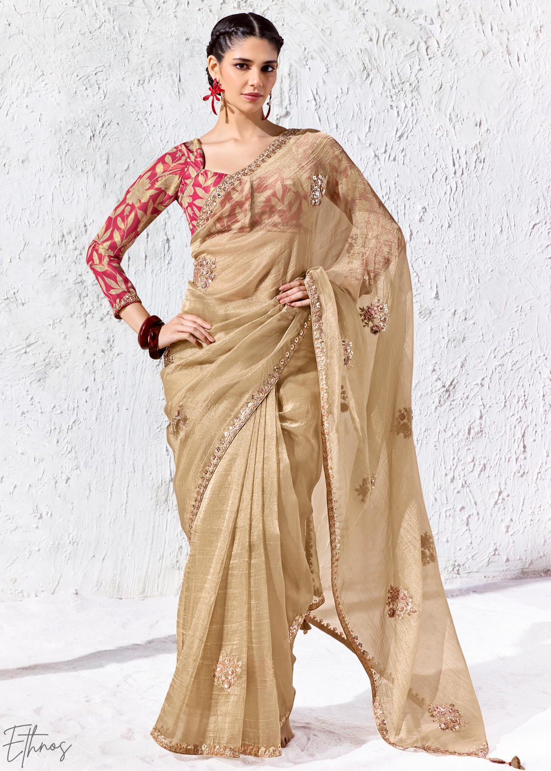 Beige Gold Delicate Thread Embroidered Organza Silk Saree