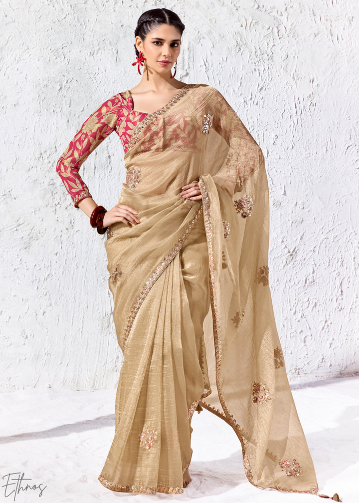 Beige Gold Delicate Thread Embroidered Organza Silk Saree