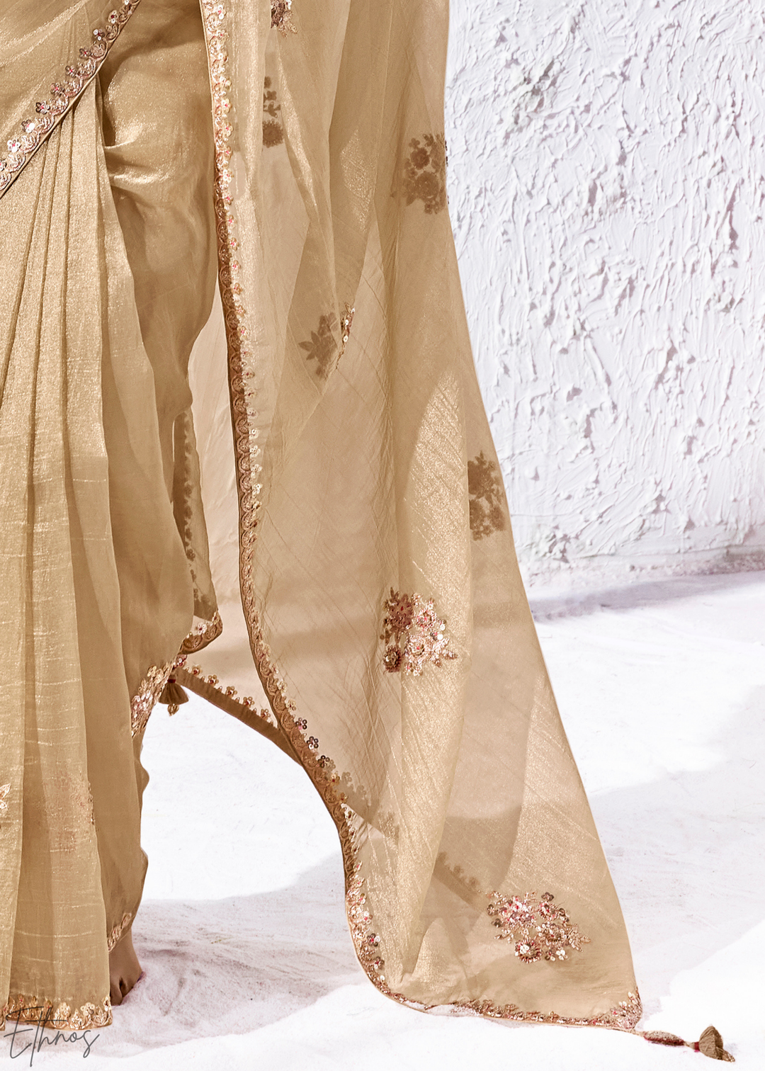 Beige Gold Delicate Thread Embroidered Organza Silk Saree