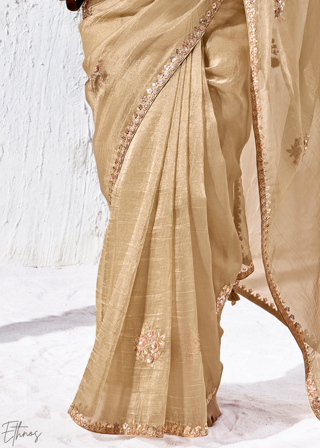 Beige Gold Delicate Thread Embroidered Organza Silk Saree