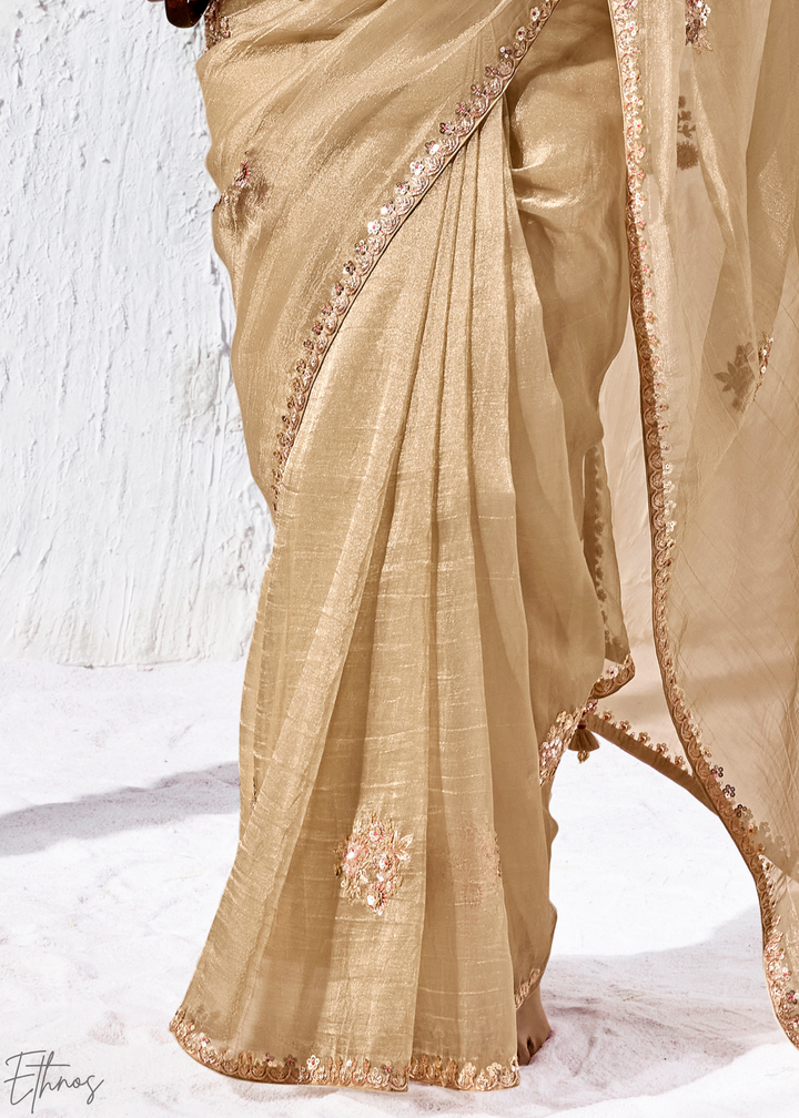 Beige Gold Delicate Thread Embroidered Organza Silk Saree