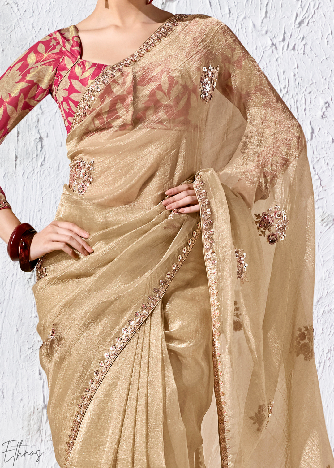 Beige Gold Delicate Thread Embroidered Organza Silk Saree