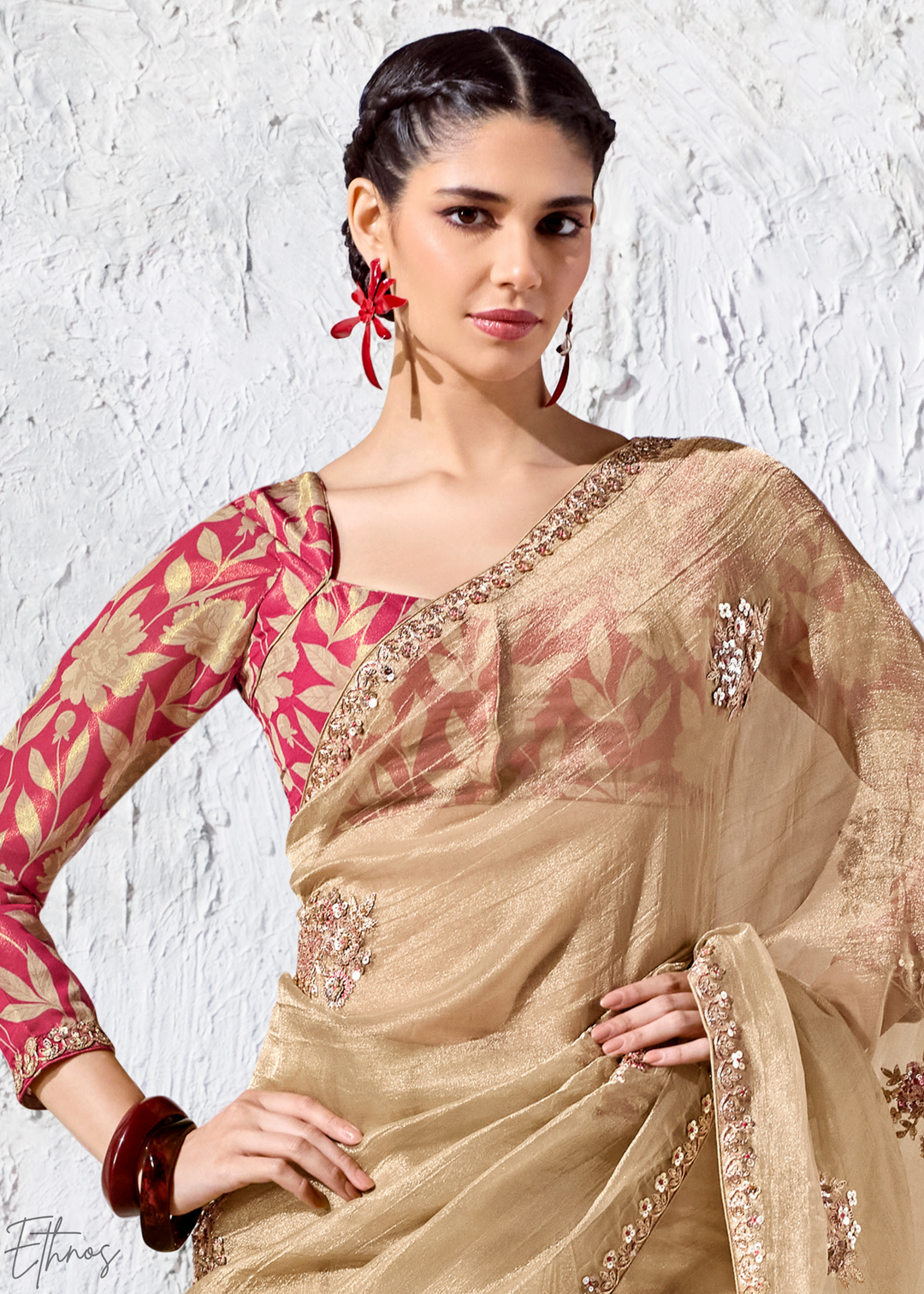 Beige Gold Delicate Thread Embroidered Organza Silk Saree