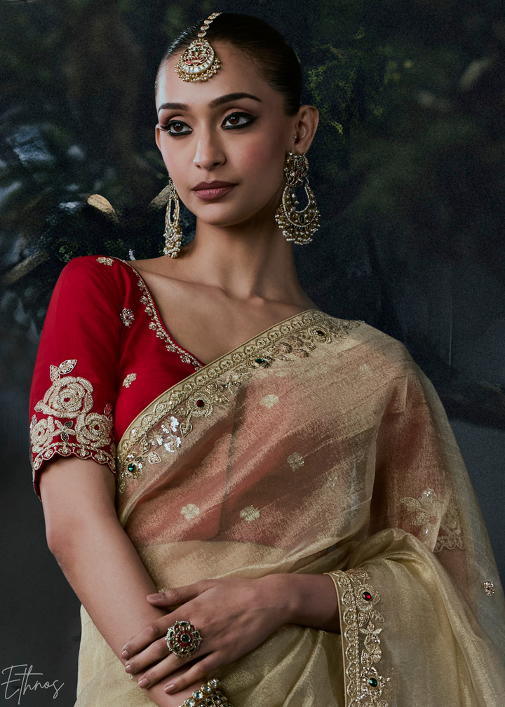 Beige Gold Minimalist Stitch Organza Silk Saree