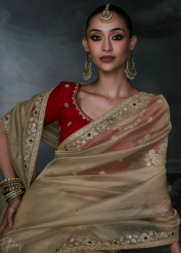 Beige Gold Minimalist Stitch Organza Silk Saree