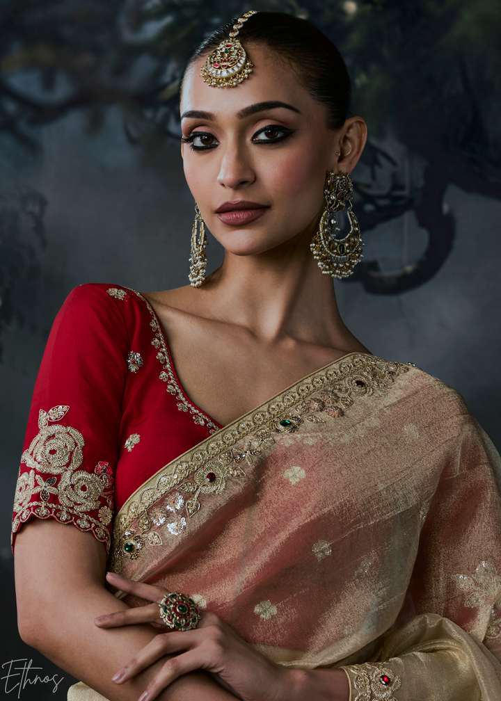 Beige Gold Minimalist Stitch Organza Silk Saree