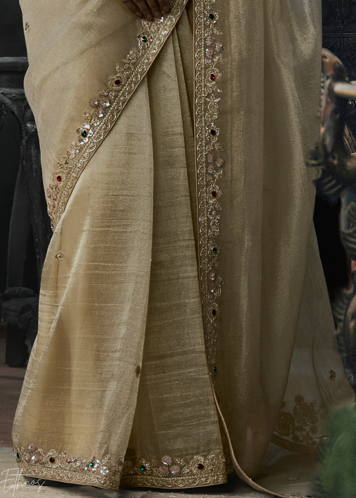 Beige Gold Minimalist Stitch Organza Silk Saree