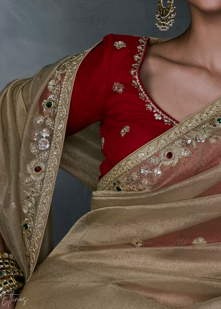 Beige Gold Minimalist Stitch Organza Silk Saree