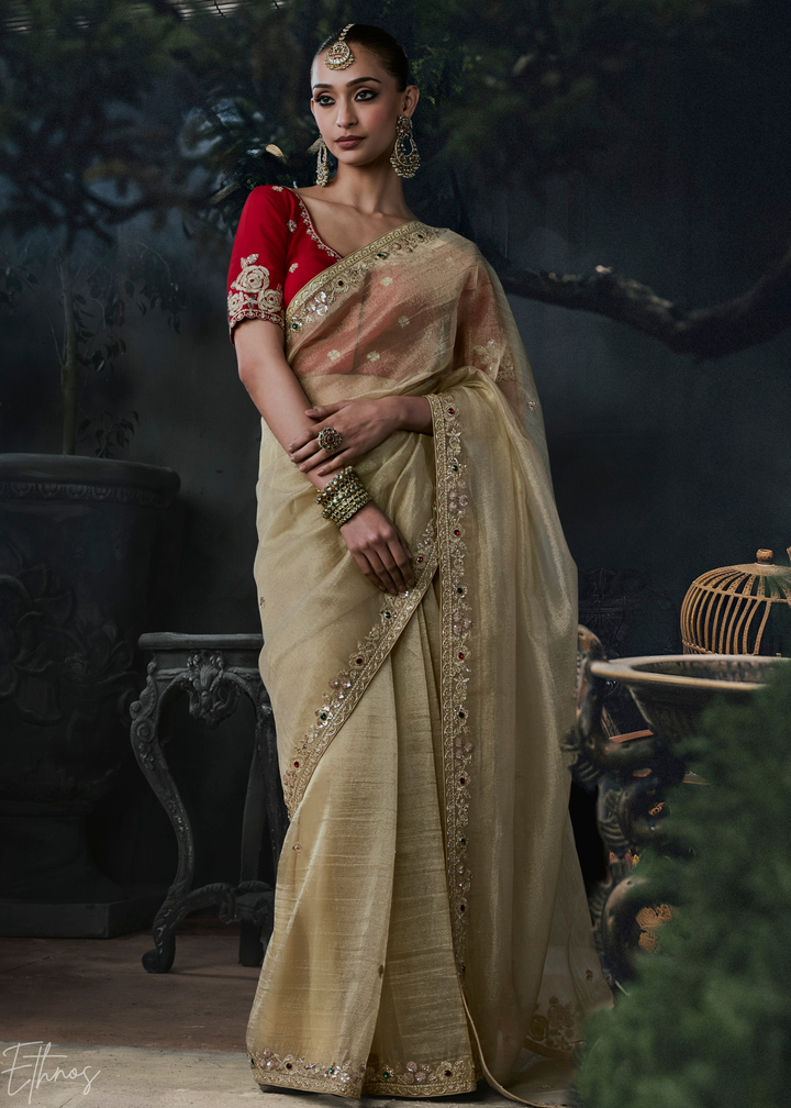 Beige Gold Minimalist Stitch Organza Silk Saree
