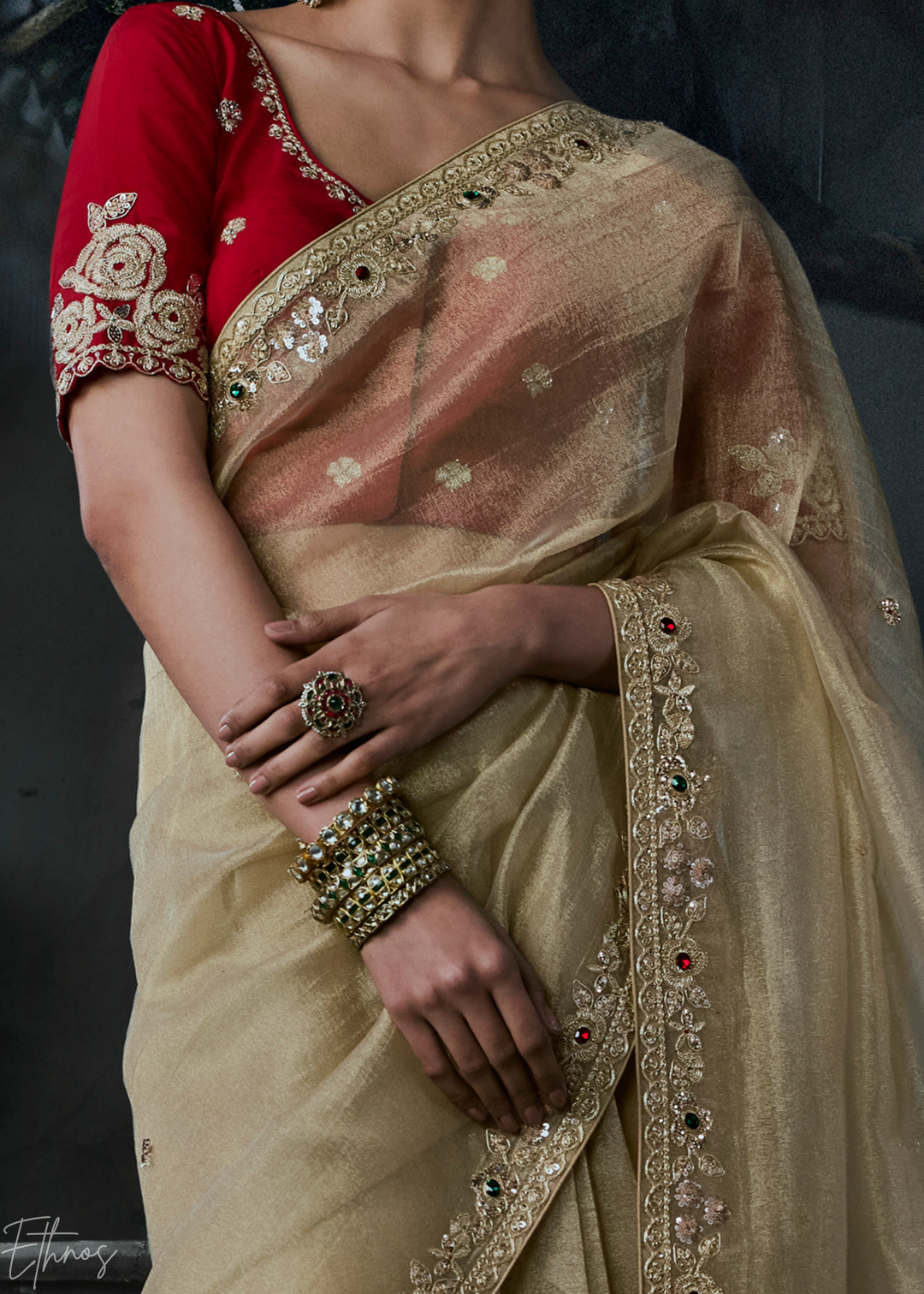 Beige Gold Minimalist Stitch Organza Silk Saree