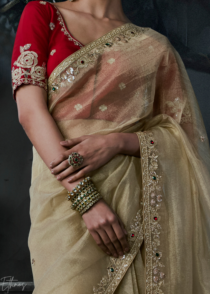 Beige Gold Minimalist Stitch Organza Silk Saree
