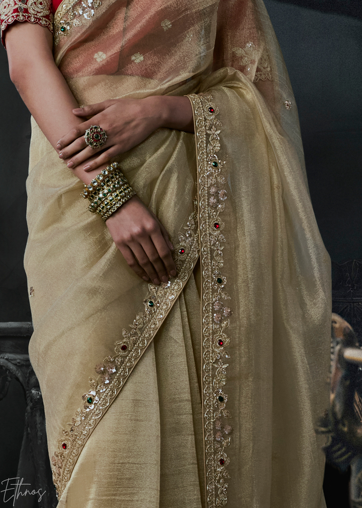 Beige Gold Minimalist Stitch Organza Silk Saree