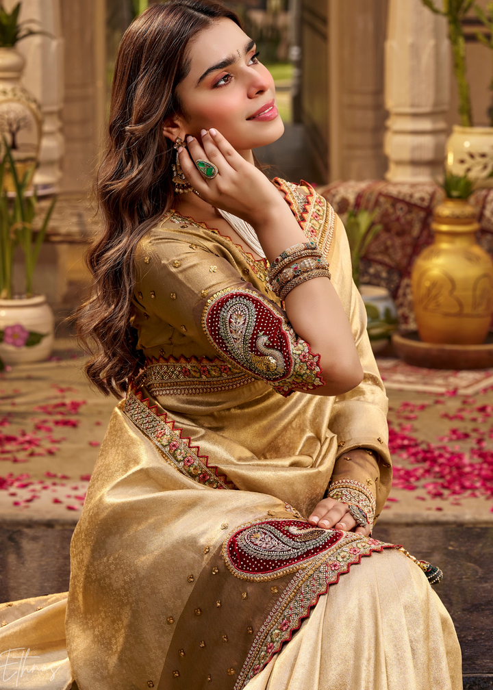 Beige Gold Paisley Border Satin Silk Saree