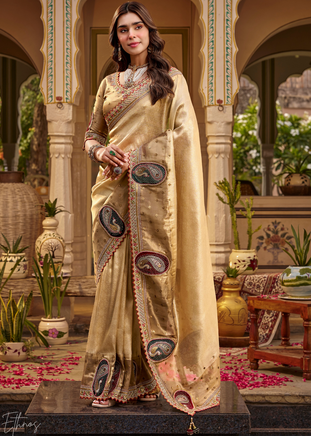 Beige Gold Paisley Border Satin Silk Saree