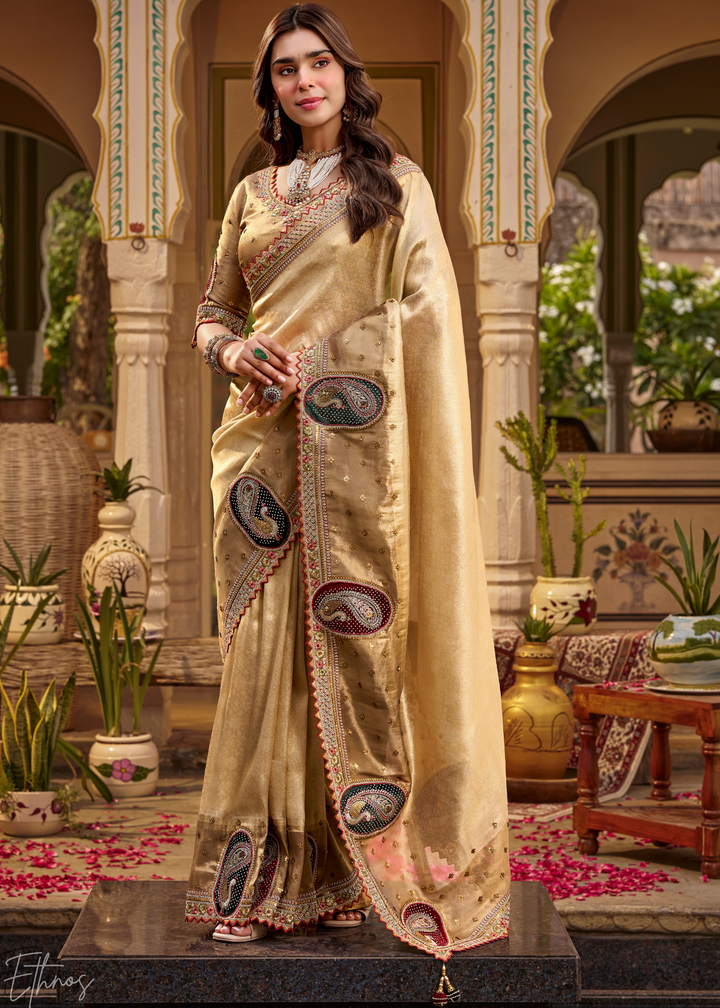 Beige Gold Paisley Border Satin Silk Saree