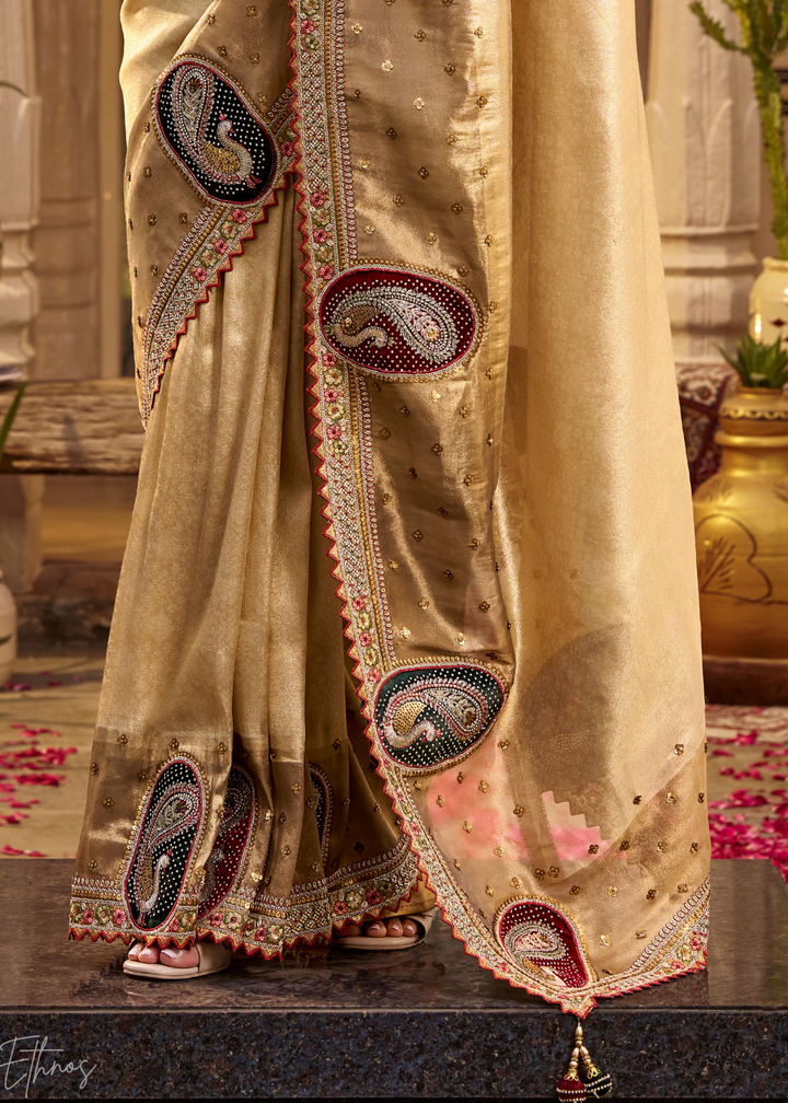 Beige Gold Paisley Border Satin Silk Saree