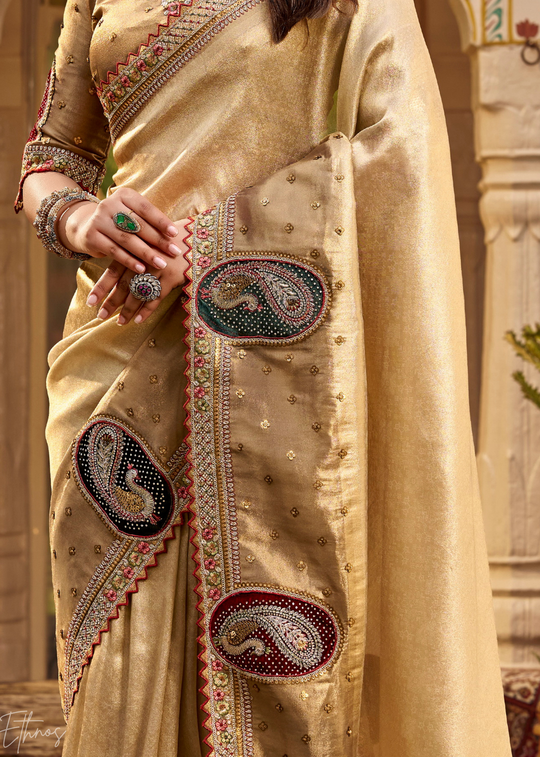 Beige Gold Paisley Border Satin Silk Saree