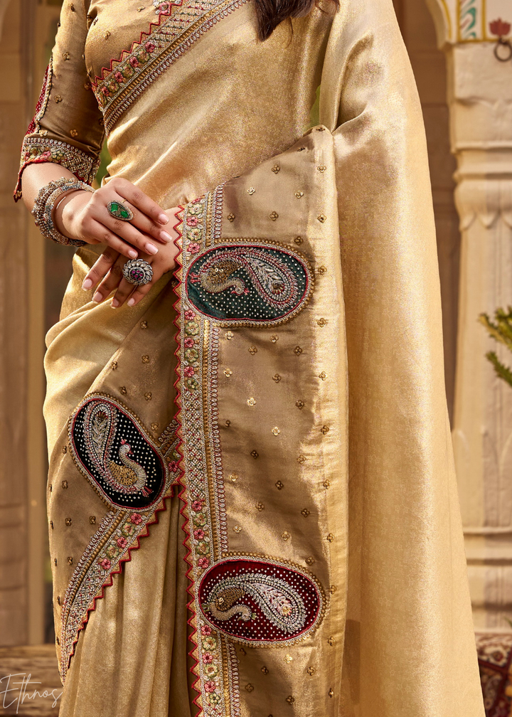Beige Gold Paisley Border Satin Silk Saree