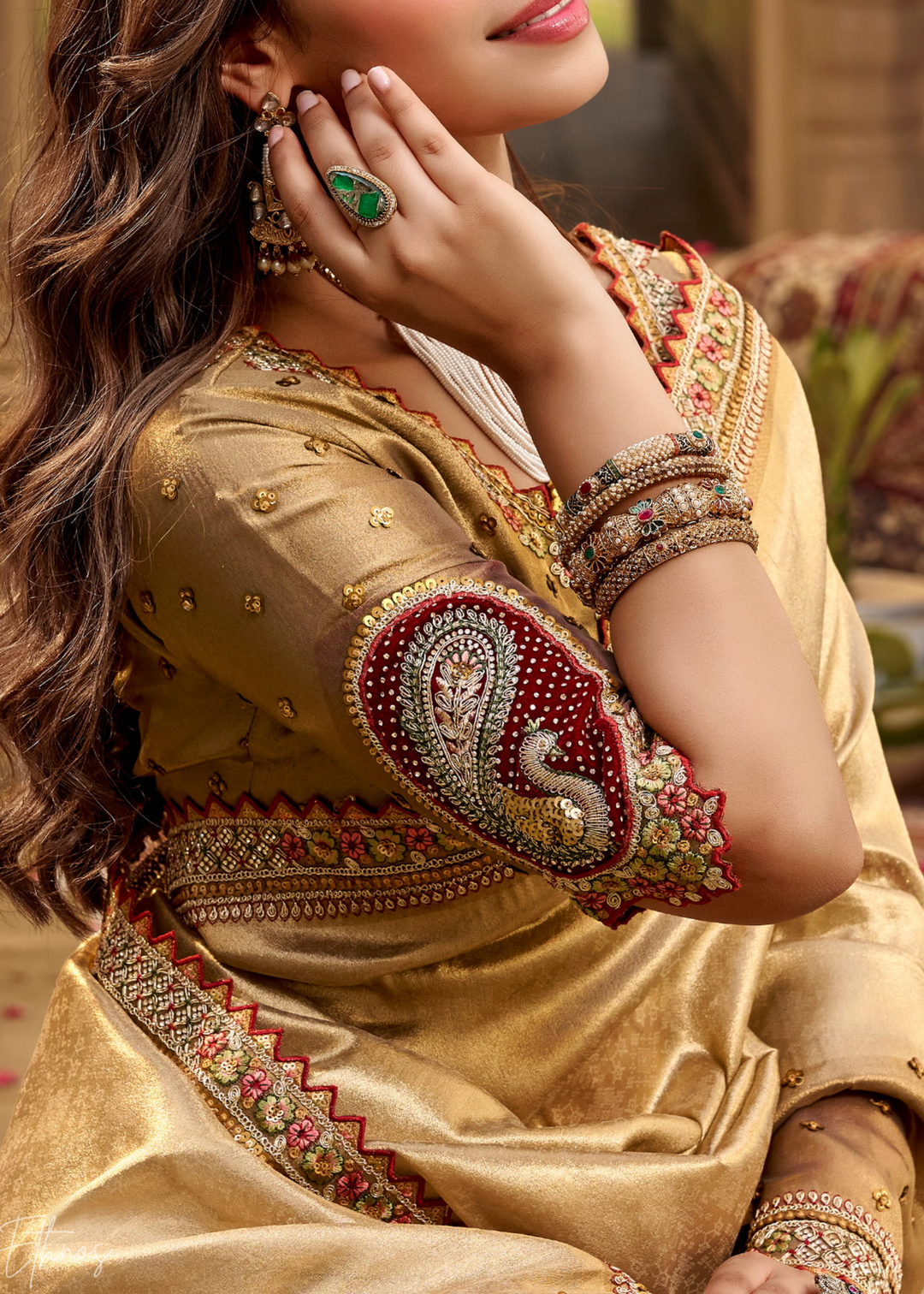 Beige Gold Paisley Border Satin Silk Saree