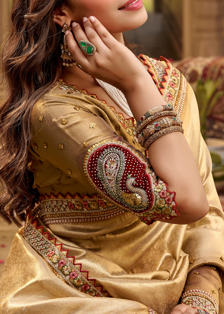 Beige Gold Paisley Border Satin Silk Saree